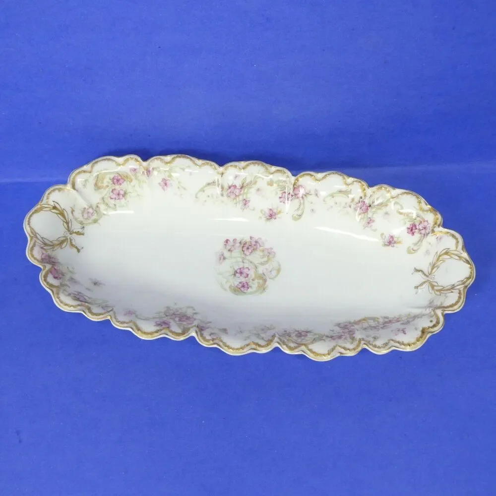 Haviland Limoges France Celery Dish Schleiger Antique Porcelain Bowl Floral Gold